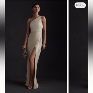 BHLDN Dylan One-Shoulder Satin Side-Slit Gown - Champagne - size 4